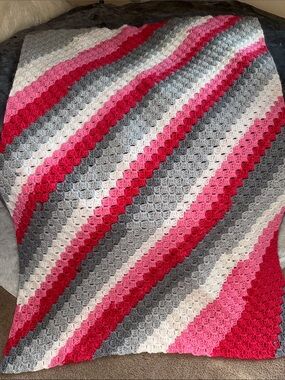 Hand Crafted Pink, Hot Pink, Gray & White Crochet Throw Blanket